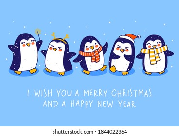 Cute little penguins on blue background - cartoon characters border for funny Christmas and New Year holidays greeting card and poster design
