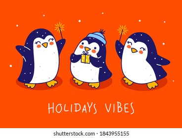 Cute little penguins on red background - cartoon characters for funny Christmas and New Year holidays greeting card and poster design