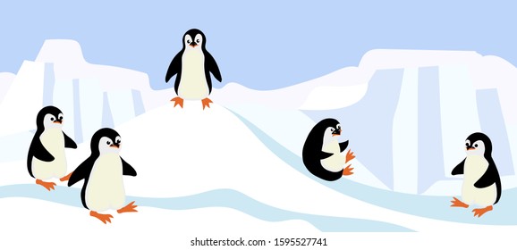 Cute little penguins on snow background.Vector illustration