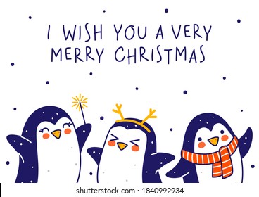 Cute little penguins on white background - cartoon characters border for funny Christmas and New Year holidays greeting card and poster design