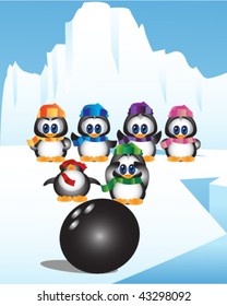 Cute little penguins playing bowling.