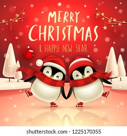 Cute little penguins skate on frozen river in Christmas snow scene. Christmas cute animal cartoon character.