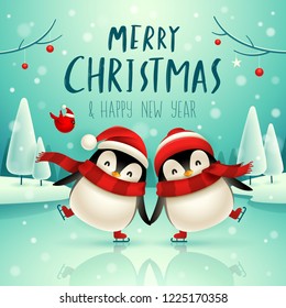 Cute little penguins skate on frozen river in Christmas snow scene. Christmas cute animal cartoon character.