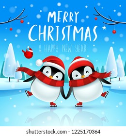 Cute little penguins skate on frozen river in Christmas snow scene. Christmas cute animal cartoon character.