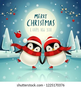 Cute little penguins skate on frozen river under the moonlight in Christmas snow scene. Christmas cute animal cartoon character.