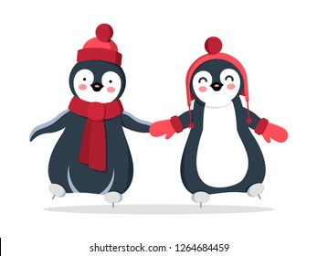 cute little penguins skating on ice. Postcard poster flat style . New year, Christmas, Valentine's day