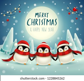 Cute little penguins under the moonlight in Christmas snow scene winter landscape. Christmas cute animal cartoon character.