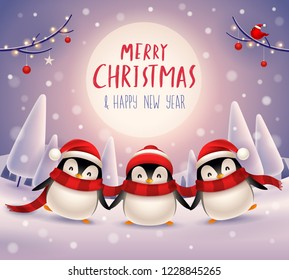 Cute little penguins under the moonlight in Christmas snow scene winter landscape. Christmas cute animal cartoon character.