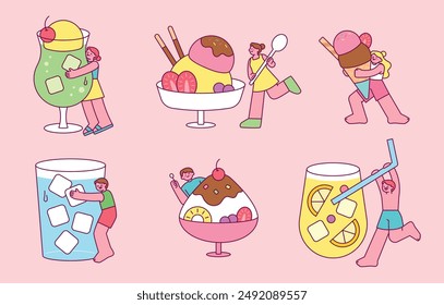 Cute little people are having fun eating a large dessert. Collection of cold drinks and desserts.