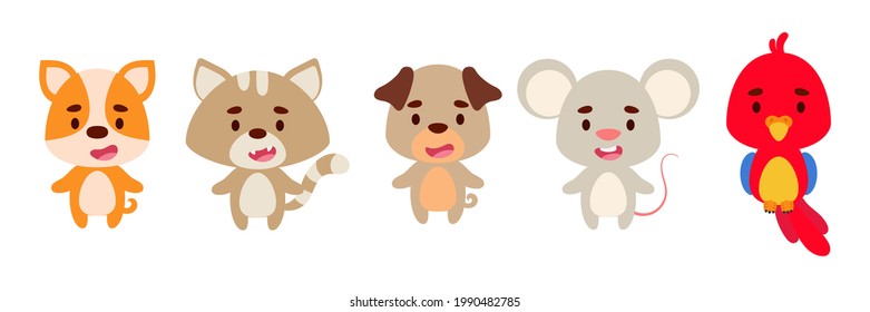 Cute little pet animals set. Collection funny animals characters for kids cards, baby shower, birthday invitation, house interior. Bright colored childish vector illustration.