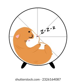 Cute little pet guinea pig sleeping in wheel, side view cartoon vector illustration