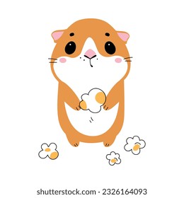 Cute little pet guinea pig eating popcorn cartoon vector illustration