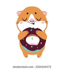 Cute little pet guinea pig eating donut cartoon vector illustration