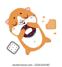 Cute little pet guinea pig sleeping hugging donut cartoon vector illustration