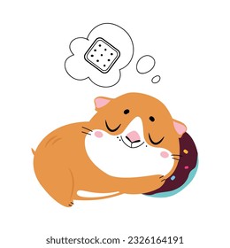 Cute little pet guinea pig sleeping and dreaming about cookie cartoon vector illustration