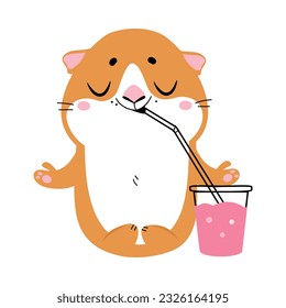 Cute little pet guinea pig drinking juice with straw cartoon vector illustration