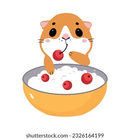 Cute little pet guinea pig with bowl of porridge cartoon vector illustration