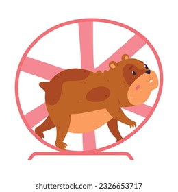 Cute little pet hamster running in wheel cartoon vector illustration