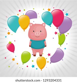 cute and little pig with balloons helium