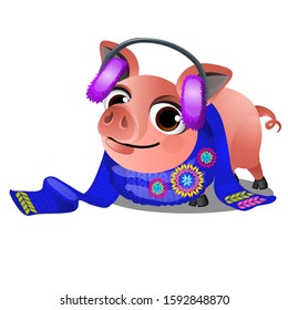 A cute little pig in a blue scarf and purple headphones isolated on a white background. Vector cartoon close-up illustration
