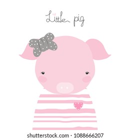 Cute little pig with bow and lettering. Vector hand drawn illustration.