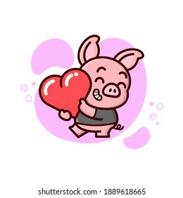 CUTE PEQUEÑO CERDO TRAE UN CORAZÓN Y SE SIENTE TAN FELIZ. ILUSTRACIÓN DEL DÍA DE VALENTINA