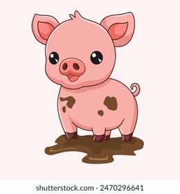 Cute little pig cartoon playing in the mud