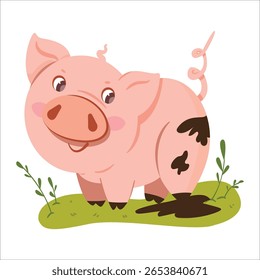Cute little pig cartoon playing in the mud. piggy in a puddle. A cute pig is resting in a puddle. A funny piglet lies on a dirty puddle. Vector illustration. 155