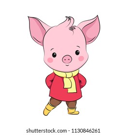 Cute little pig. Cartoon vector character. Children illustration