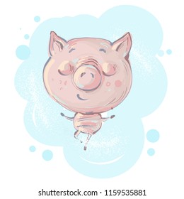 Cute little pig character standing in yoga pose and meditating.