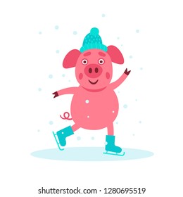 Cute little pig dancing on the ice in the skates. Children illustration. Pisg symbol of 2019 new year. Pink pig in winter in the hat.