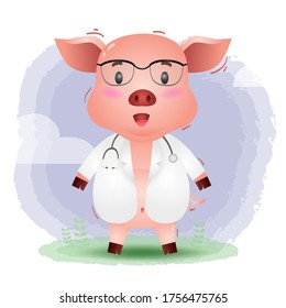 a cute little pig with doctor. Cartoon doctor pig. Vector illustration