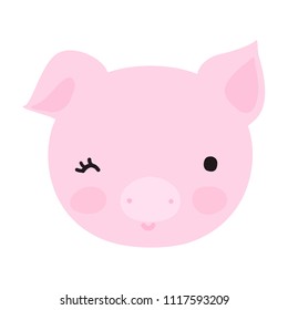 Cute little pig face with smile. Doodle, hand drawn vector illustration,