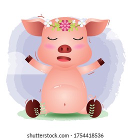 cute little pig with flower in the children's style. cute cartoon little pig vector illustration