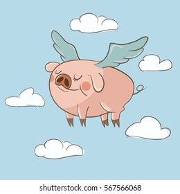 Cute little pig flying in the clouds hand drawn vector illustration. Can be used for baby t-shirt print, kids wear, celebration greeting and invitation card.