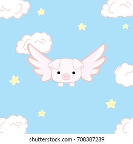 Cute little pig flying in the clouds hand drawn .vector illustration