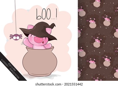  Cute little pig happy Halloween with seamless pattern