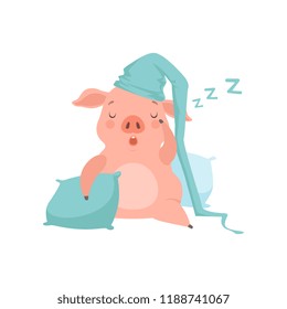 Cute little pig in light blue nightcap sleeping on pillows, funny piglet cartoon character vector Illustration on a white background