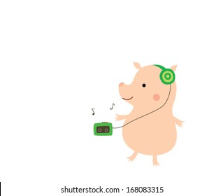 cute little pig listen music