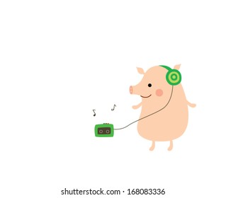 cute little pig listen music