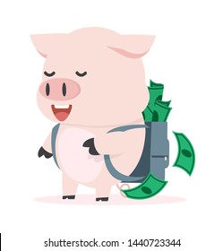 Cute little Pig with money backpack cartoon design