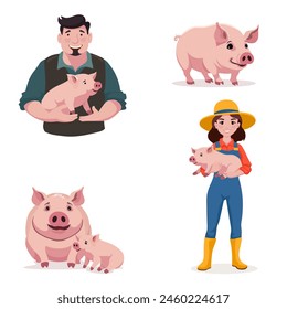 Un lindo cerdito con una madre cerdita, una niña con un cerdo en sus brazos y un hombre sosteniendo un cerdo en sus brazos. Ilustración vectorial.