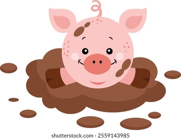 Cute little pig in the mud