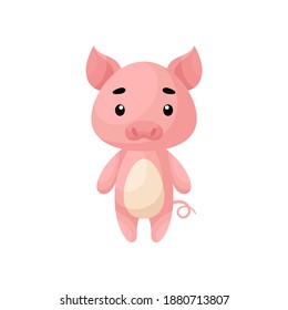 Cute little pig on white background. Cartoon animal character for kids cards, baby shower, posters, b-day invitation, clothes. Bright colored childish vector illustration in ecartoon style.