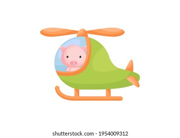 Cute little pig pilot in green helicopter. Cartoon character for childrens book, album, baby shower, greeting card, party invitation, house interior. Vector stock illustration.