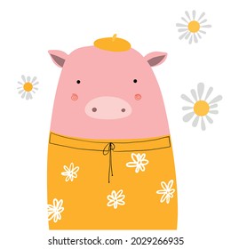 cute little pig portrait, vector clipart, funny children's illustration with cartoon character