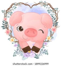 Cute little pig portrait in watercolor effect