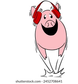 Cute little pig posing and jumping with headphones