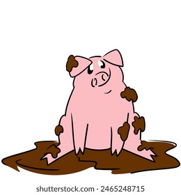 Cute little pig posing sitting on the floor smiling and stained with mud