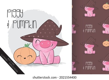 Cute little pig with pumpkin happy Halloween with seamless pattern